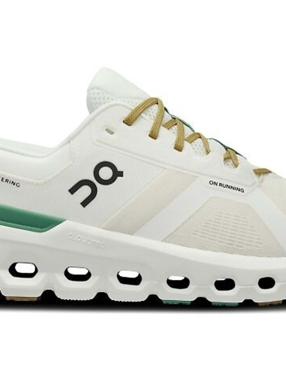 On Running Women’s Cloudtec Trainer White with Green and Gold Accents
